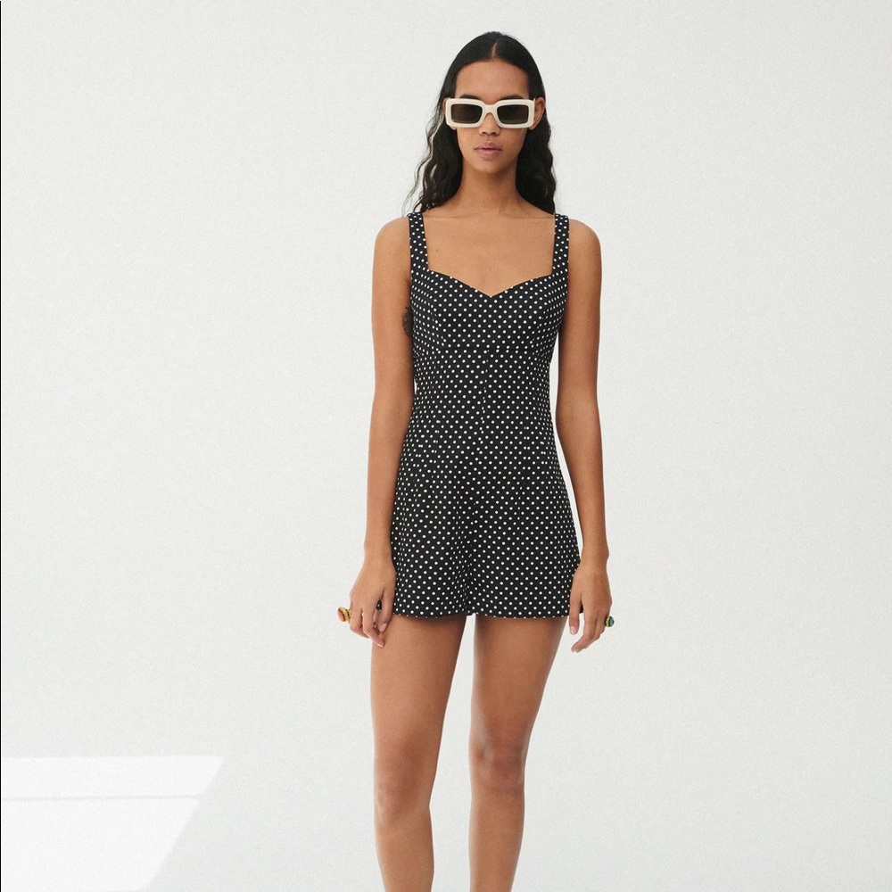 NWT Zara square neck black white dot short romper form fitting revolve style s L